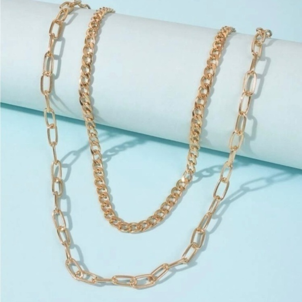 Gold Layered Chain Necklace Double Strand Link Curb Chain